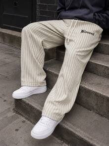 Men's Letter Print Casual Pants, Summer Striped Loose Drape Lazy Wide Leg Long Trousers - Light Grey - View 1