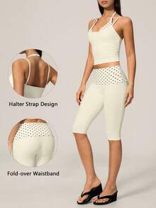 TimeOff Women's One-Set Polka Dot 2 In 1 Waistband Cuffed Shorts Gym Running Sports Set - White - View 1