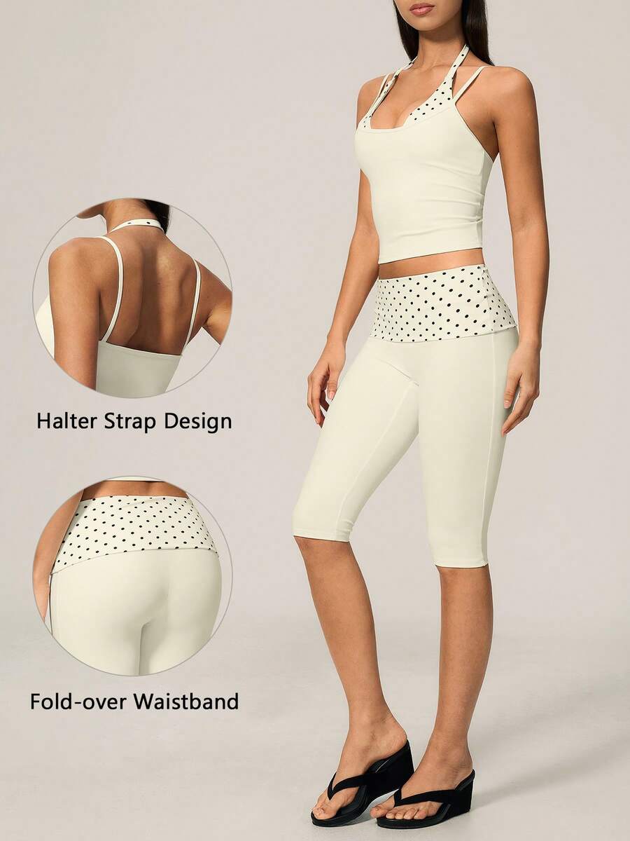 TimeOff Women's One-Set Polka Dot 2 In 1 Waistband Cuffed Shorts Gym Running Sports Set - White - View 1