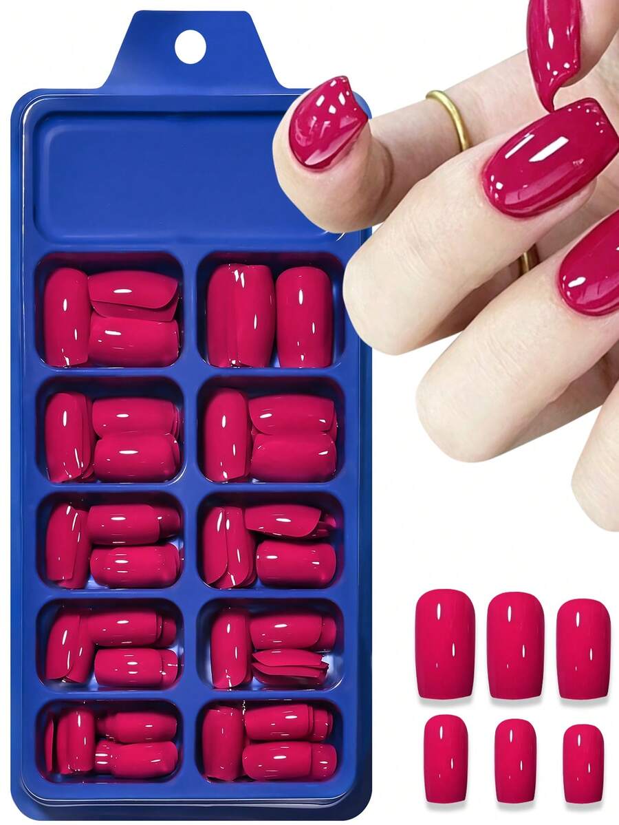 120Pcs Glossy Bright Red Press On Nails, Medium Square Short Fake Nail Tips, Full Cover Solid Color Acrylic False Nails,Daily Wear Party, Summer Hot Red Nail Art, 10 Sizes Fit All Nails - Multicolor - View 1