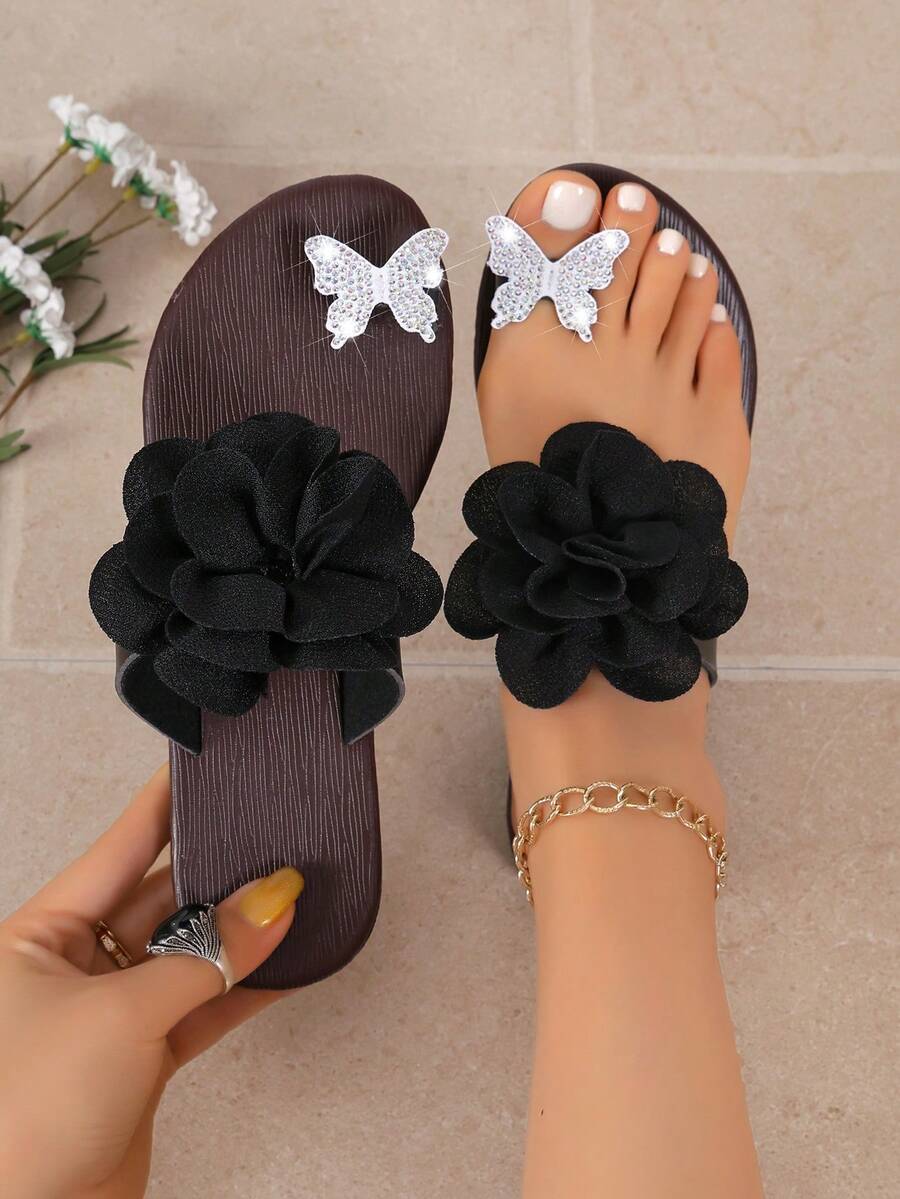 Women's 3D Flower Toe-Post Sandals, Flat Rhinestone Butterfly Pattern Flip Flops, Summer Vacation Beach Casual Sandals - Black - View 1