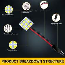6入組 冷白色 5050 9SMD LED 面板車用閱讀室內燈 DC 12V，附 T10 / BA9S / 燈泡座適配器 - 9SMD - 查看 7