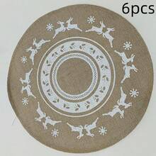 Natural Jute Round Placemats Christmas Reindeer Pattern Woven Heat Insulation Table Mats Rustic Farmhouse Dining Table Decor - Multicolor - View 11
