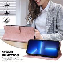 Cartera de teléfono de cuero sintético con elemento floral rosa, diseño de borde plegable con ranuras para tarjetas y cordón, proporciona protección completa para varios modelos de teléfonos inteligentes, resistente al agua, a los golpes, a los impactos y a los arañazos, regalo de primavera - Oro rosa - Ver 3