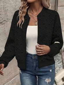 Jaket Baseball Wanita Hitam Motif Hati Berlapis, Lengan Panjang, Resleting, Detail Rajutan Bergaris, Pakaian Luar Kerah Baseball Potongan Reguler yang Modis - Hitam - View 3
