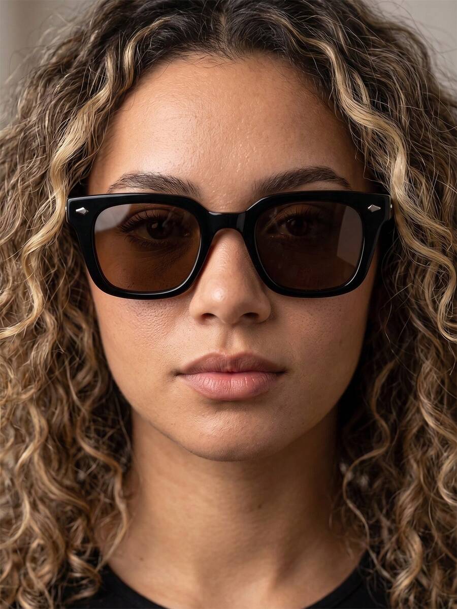 1 par de gafas de moda vintage con marco cuadrado negro y decoración de remaches para mujer - Negro - Ver 1