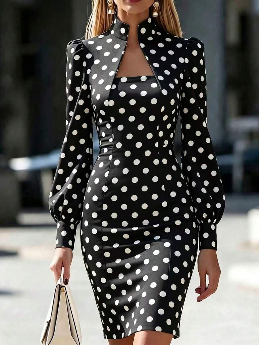 Gaun Wanita Musim Gugur Elegan Motif Titik Lengan Gelembung - Hitam - View 1