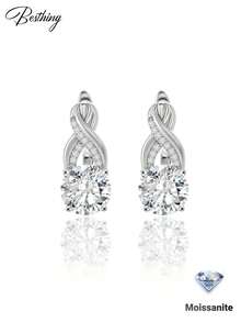 1pc S925 Sterling Silver 4.1CT Moissanite French Luxury Twisted Knot Quality Earrings Full Rhinestone Wrapped Design High-End Daily Business Commute Wedding Banquet Party Wear Valentine's Day Birthday Gift - Silver - View 1