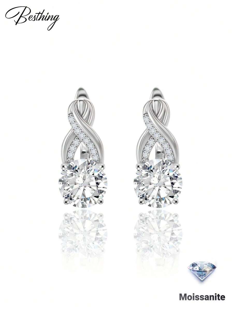 1pc S925 Sterling Silver 4.1CT Moissanite French Luxury Twisted Knot Quality Earrings Full Rhinestone Wrapped Design High-End Daily Business Commute Wedding Banquet Party Wear Valentine's Day Birthday Gift - Silver - View 1