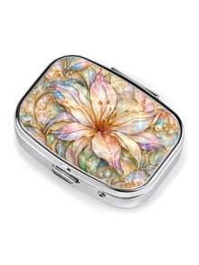 1pc Metal Pill Box With Glitter Lily Flower Pattern, Portable Dual Compartment Small Box, Divided Design For Easy Organization Of Pills And Jewelry, Pocket Size Space-Saving - Multicolor - View 4