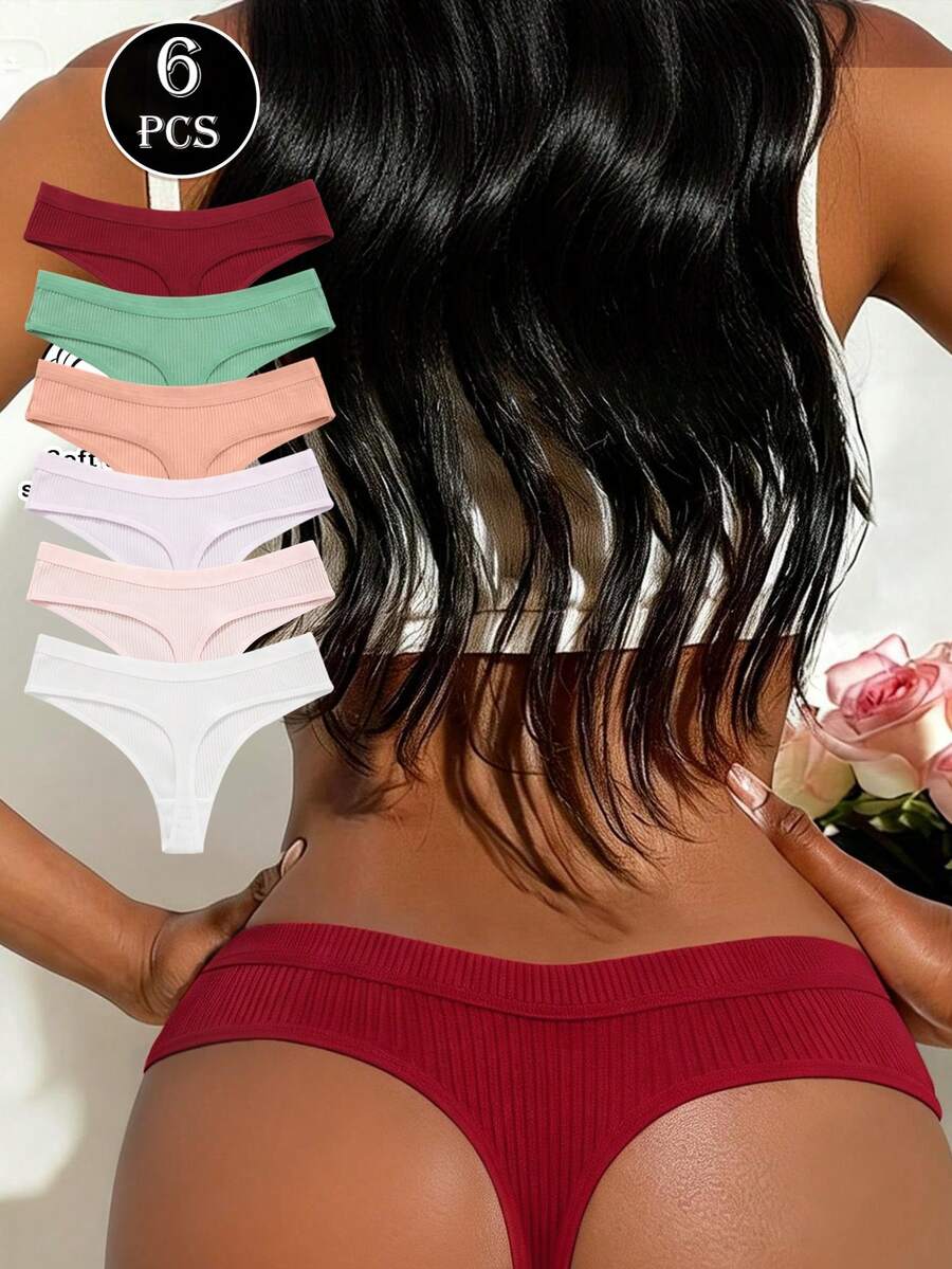 6pcs/Set Conjunto de Bragas Tanga G-String Cómodas Acanaladas Sin Costuras Sexy Triángulo T-Back Ropa Interior