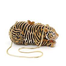 Women Cute Tiger Shaped Evening Clutch Sparkling Rhinestones Handbag Prom Party Purse - Gold - View 7
