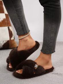 Crossed Fur Slippers With Rhinestone Buckle, Non-Slip Soft Sole, Home Slouchy Outdoor Slippers - Khaki - View 6