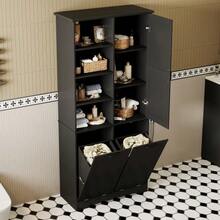 78 X 35 X 172 Cm Bathroom Cabinet, Moisture-Resistant Paint, Full Coating, Double Laundry Basket, Four Open Compartments, One Door, Three Compartments In The Door, Adjustable Shelves, Ample Storage Space, White - Black - View 3
