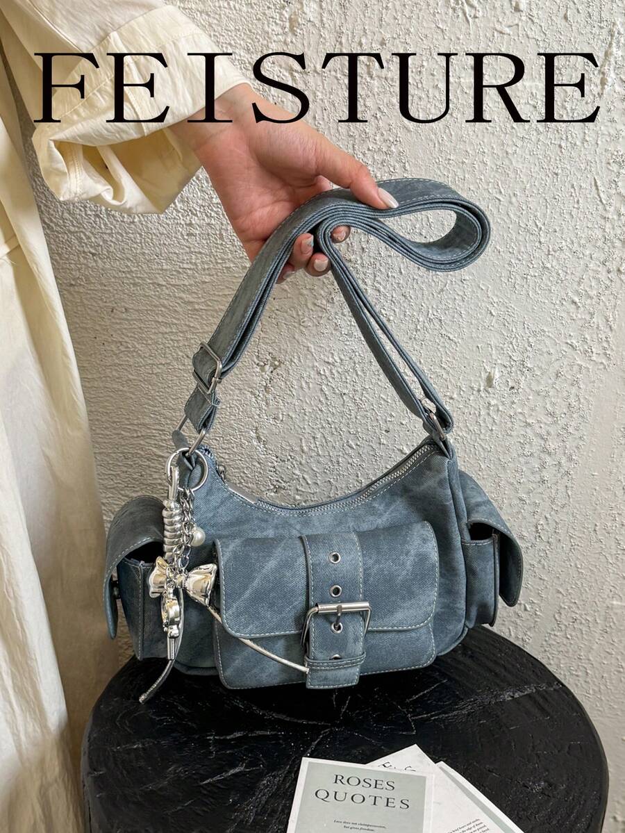 FEISTURE 1件 PU布料多口袋單肩斜跨包，小方包附肩帶，拉鍊開合，附吊飾，適合女孩、女性、大學生、職場新人與白領上班族，適用於工作、商務、通勤、上學