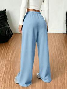 1pc Girls' & Teen Girls' Solid Color Casual Outdoor Loose Sports Versatile Fleece Lined Long Pants - Blue - View 2