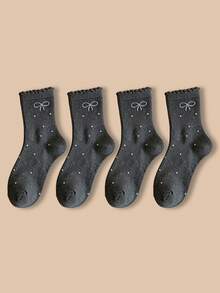 4 pares de calcetines de media caña con volantes y lazos para mujer, nuevos calcetines slouch con lunares y lazos de encaje estilo Ins, calcetines de media caña para estudiantes - Multicolor - Ver 17