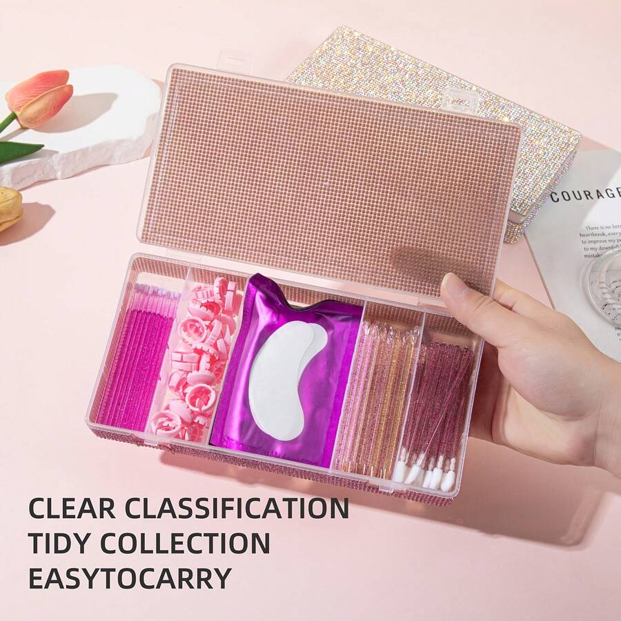1 buah Kotak Penyimpanan Alat Bulu Mata Vertikal Persegi Panjang Berhiaskan Rhinestone dengan 5 Slot dan Tutup Flip, Kompartemen Terbagi Plastik Transparan dengan Desain Jepit, Hadiah Hari Valentine, Perlengkapan Penyimpanan Rumah Tangga - MultiWarna - View 1