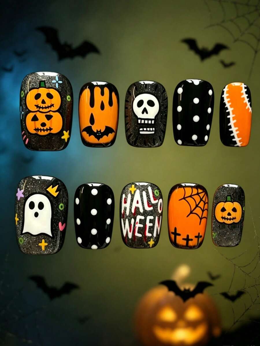 10pcs Medium Square Halloween Nail Stickers, Cute Orange Ghost Face Pumpkin, White Skull Ghost, Black Nails, Fashion Orange & Black Patch, White Polka Dot Letter, Black Blood Drop, Bat Spider Web, Full Coverage Fake Nails, Pointed Shape, Includes 1pc Jelly Glue And 1pc Mini Nail File, Jelly Glue Randomly Sent - Black - View 1
