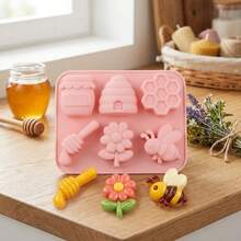 1pc 6-Cavity Bee & Flower Silicone Mold, Themed Silicone Soap Mold, Bee Honeycomb & Flower Candle Mold, Suitable For DIY Crafts, Wedding Decor, Polymer Clay, Candles, Plaster - Pink - View 4