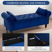Storage Bench 133cm, Velvet Fabric Storage Box, Indoor Footstool, Bed Bench, Storage Chest With Armrests For Living Room, Bedroom, Hallway - Blue - View 4