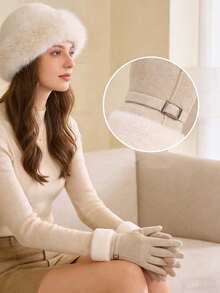 Women's Winter Hat And Touchscreen Gloves Set, Solid Color Elegant Luxury Design, Made Of Faux Fur And Suede-Like Fabric, With Plush Cuffs And Exquisite Metal Buckle - Multicolor - View 3