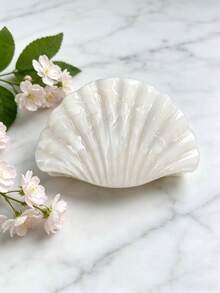 1pc Creative Fresh Sweet Vacation Style Pearlescent Shell Claw Clip Back Of Head Hair Bun Hair Claw Fashion Hair Accessory Women Textured Fan-Shaped Hair Clip Fashion High-End Faux Marble Fan-Shaped Clip Women Hair Bun Accessory - Hot Pink - View 11