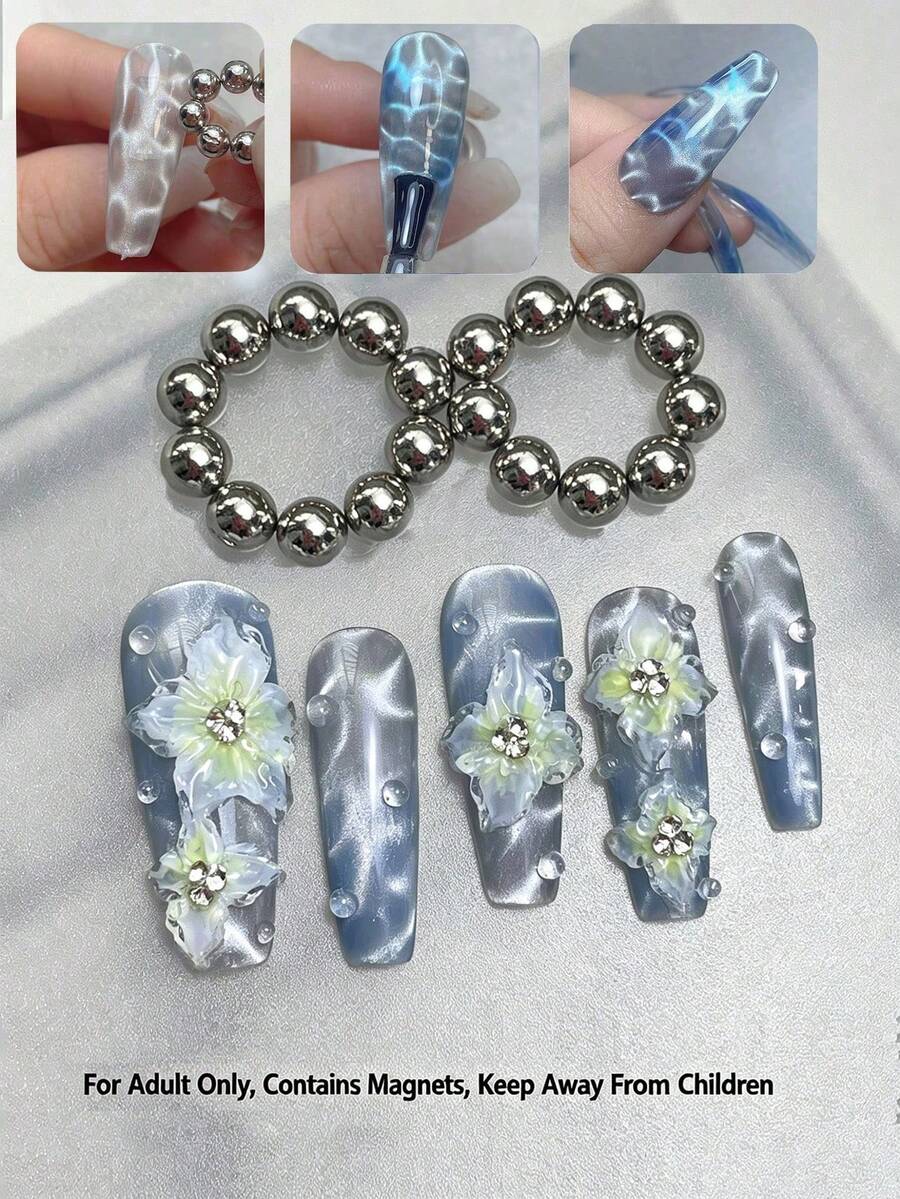 Round Cat Eye Nail Magnets, Detachable Cylindrical Nail Bead Magnets, For Creating Snowflake And Water Ripple Nail Effects, Professional Adult Salon Nail DIY Tools, Suitable For Nail Beginners - Silver - View 1