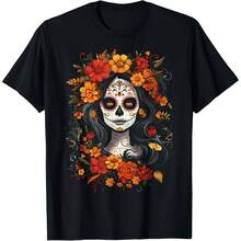 Men Sugar Skull Men Cotton T Shirt La Catrina Day Of The Dead De Los Muertos Vintage Gothic Halloween Mexican Style Skull Tee - Shape - View 1