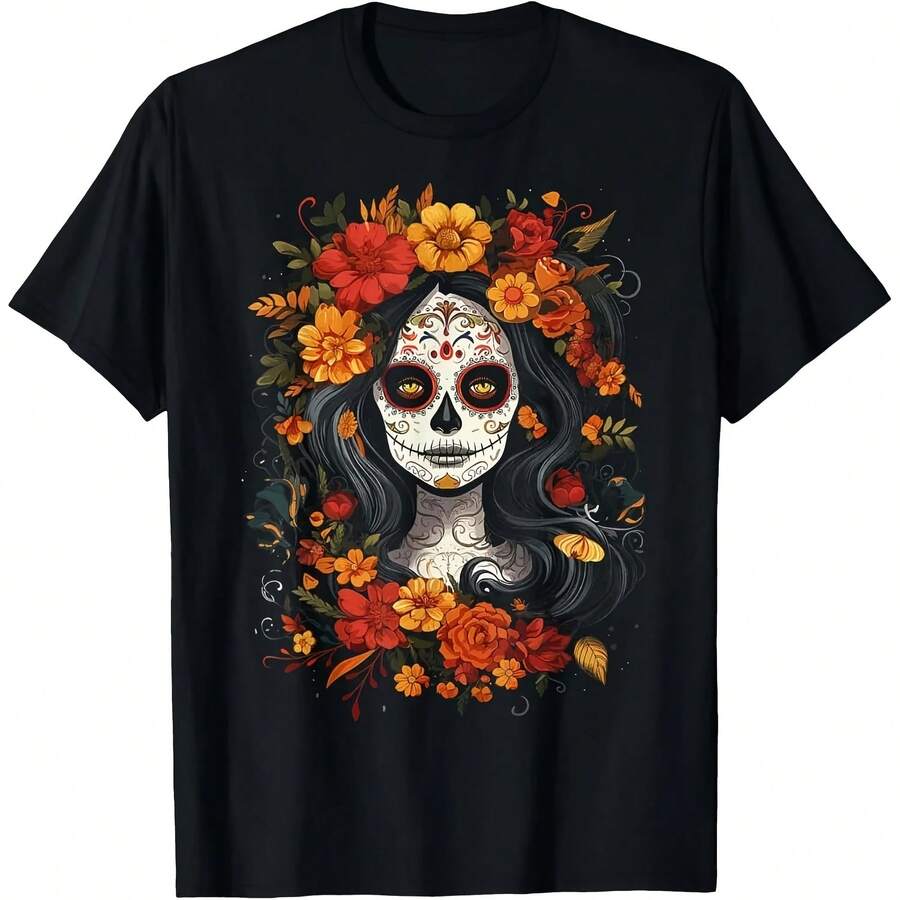 Men Sugar Skull Men Cotton T Shirt La Catrina Day Of The Dead De Los Muertos Vintage Gothic Halloween Mexican Style Skull Tee - Shape - View 1