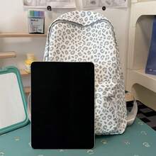 復古灰色豹紋女款後背包，Ins美式休閒輕量帆布書包，大容量通勤後背包，適合國中與高中學生 - 淺灰色 - 查看 3