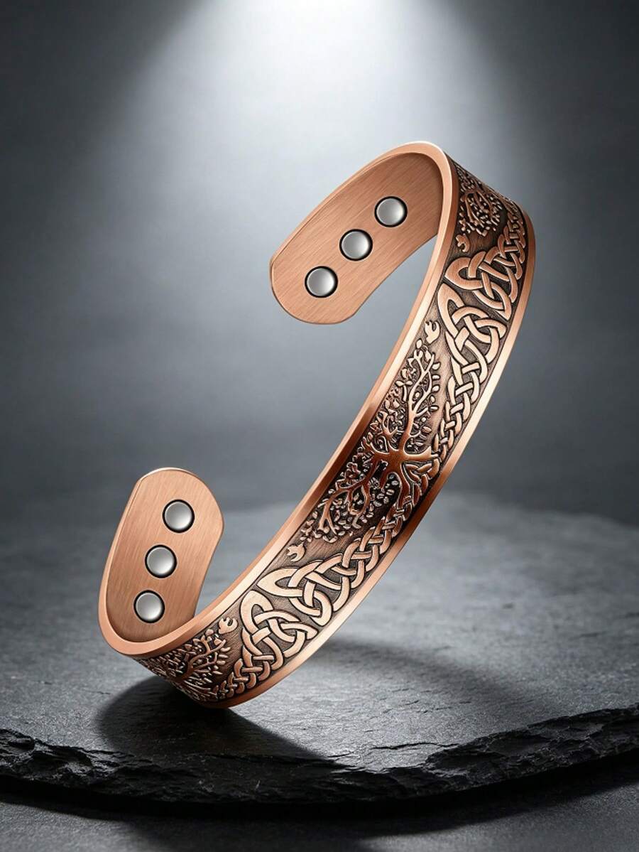 1pc Pure Copper Magnetic Bracelet: Tree Of Life Engraved Bracelet, Built-In 6 Magnets (Electroplated Product May Have Slight Scratches, Which Is Normal) - Burgundy - View 1