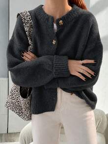Cárdigan de punto con cuello redondo, hombros caídos, manga larga y botones delanteros, en color gris oscuro talla grande. Prenda de punto cálida y cómoda para otoño/invierno, primavera/otoño - Gris Oscuro - Ver 8