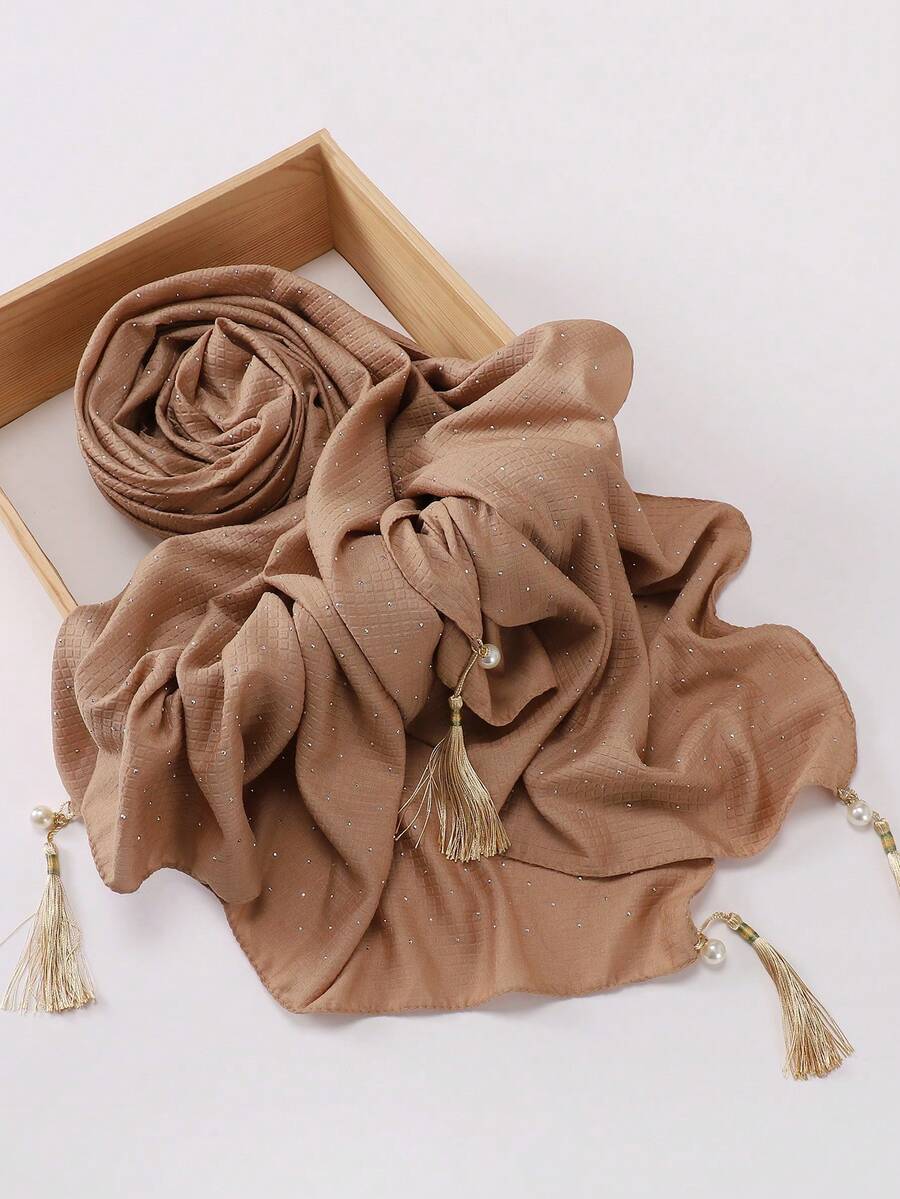 Oversized 200cm*85cm Heavy-Duty Luxurious Rhinestone Modest Pleated Plaid Tassel Pearl Pendant Daily Wear Breathable Solid Color Muslim Hijabs