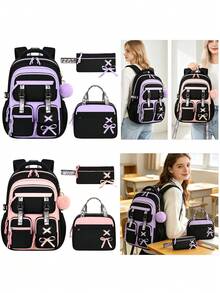 3 Pieces Set Bowknot (Detachable) Large Capacity Backpack, Tote Bag, Pencil Case, Polyester Adjustable Shoulder Strap Zipper Closure Back To School Gift - A - View 1