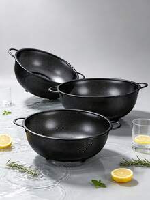 1pc Stainless Steel Black Fine Mesh Colander, Dual Handle Rice Washing Basket, Vegetable And Fruit Strainer, Stainless Steel Rice Sieve, Fine Mesh Design, Suitable For Washing Pasta, Vegetables, Rice, Fruit And Other Ingredients, Multi-Purpose Rice Washing And Vegetable Cleaning Basket, Kitchen Daily Essential, Kitchen Fruit Basket, Kitchen Must-Have, Christmas, Halloween Gift. - Black - View 1