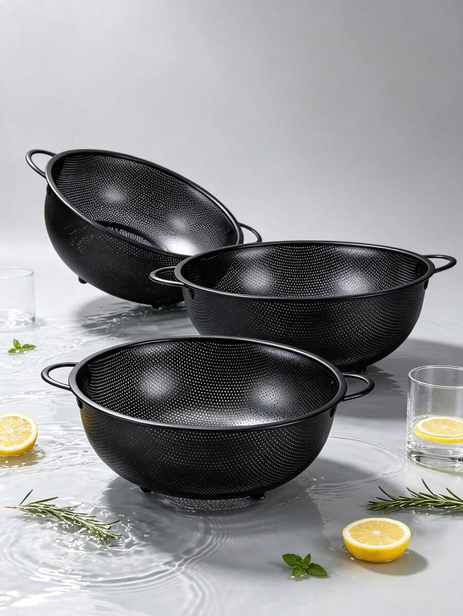 1pc Stainless Steel Black Fine Mesh Colander, Dual Handle Rice Washing Basket, Vegetable And Fruit Strainer, Stainless Steel Rice Sieve, Fine Mesh Design, Suitable For Washing Pasta, Vegetables, Rice, Fruit And Other Ingredients, Multi-Purpose Rice Washing And Vegetable Cleaning Basket, Kitchen Daily Essential, Kitchen Fruit Basket, Kitchen Must-Have, Christmas, Halloween Gift. - Black - View 1