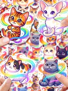 50Pcs Rainbow Cat Healing Decor Stickers, Hand-Drawn Illustrations Of Gradient Neon Cats, Rainbow Tails, Star Glitter And Cute Kittens, For Journal, Water Bottle, Luggage, Spring Picnic DIY Decor - Multicolor - View 6