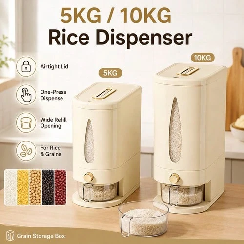1pc 5kg/10kg Rice Dispenser With Airtight Lid, Large Capacity Grain & Dry Food Storage Container For Rice, Cereal, Flour, Sugar, Pasta & Beans, Countertop Kitchen Pantry Organiser, Space-Saving Household Food Storage Box For Daily Home Organisation - View 1
