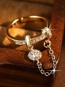 1pc Exquisite Sparkling Hanging Pendant Cubic Zirconia Gold-Plated Adjustable Rings,For Daily Wear,Dates,Vacation,Summer Beach,Bohemian Style Jewelry - Yellow Gold - View 1