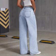 Women High Waist Single Ripped Wide Leg Jeans, Light Wash Loose Floor Length Denim Pants, Y2K Street Casual Long Trouse - Light Blue - View 3