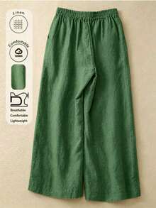 Women's Elastic Waist Linen Long Pants, Breathable Hand-Stitched Button Detail Casual Trousers, Suitable For Spring And Autumn - Green - View 2