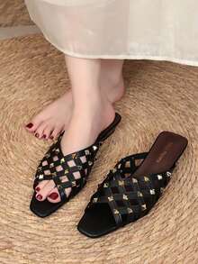 Women's Mesh Rivet Square Toe Flat Slide Sandals, Hollow Toe Closed Mule Slippers, Punk Cool Slouchy Slides, Summer Commute Streetwear Versatile Niche Slimming Casual Closed Toe Sandals - Black - View 2