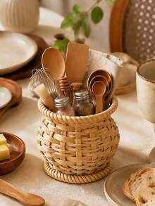 1pc Round Woven Rattan Kitchen Organizer, Wicker Utensil Holder And Countertop Storage Basket For Spatulas, Spoons, Whisks, Cutlery And Chopsticks - Multicolor - View 2