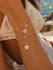 4pcs/Set Elegant Exquisite Pink Rhinestone Enamel Bracelet Set, Fashion Five-Petal Flower Decor Women's Hand Jewelry, Suitable For Daily Wear, Dating, Vacation And Party - Multicolor - View 1