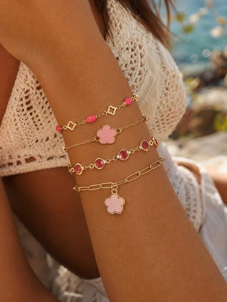 4pcs/Set Elegant Exquisite Pink Rhinestone Enamel Bracelet Set, Fashion Five-Petal Flower Decor Women's Hand Jewelry, Suitable For Daily Wear, Dating, Vacation And Party - Multicolor - View 1