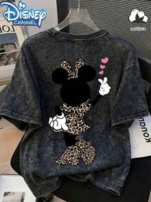 Start Cotton Disney Women's Loose T-Shirt, Cute "Minnie" Pattern Printed Street Y2k Fashion Black Large Washed Round Neck Short Sleeve T-Shirt - Black - View 4
