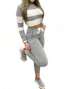 Blazique Setelan Kasual Lengan Panjang 2 Potong Warna Kontras, Desain Warna Polos, Kain, Tekstur Lembut, Serasi, Setelan Dua Potong Elegan - Grey - View 1