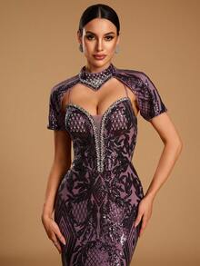 GIFORU Women's Elegant Romantic Deep V-Neck Rhinestone Mermaid Cocktail Dress, Sequin Decorated Party Long Gown, Unique Fashion Wedding Fall - Lilac Purple - View 9