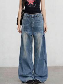 1pc Women's Vintage Washed Pocket Wide Leg Jeans, Casual Versatile Solid Color Loose Straight Leg Denim Pants - Blue - View 4